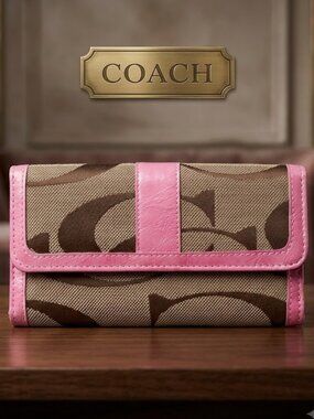 Coach Signature Classic Pink Leather Trim Monogram Wallet - (Like New, Rare)